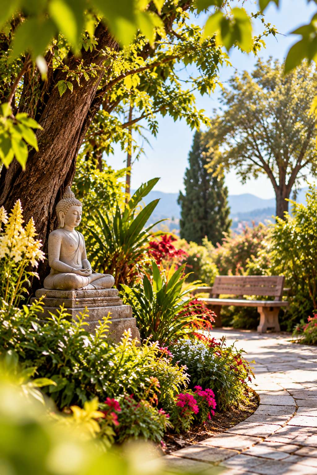 Jardin de contemplation avec statue de Bouddha entourée de végétation