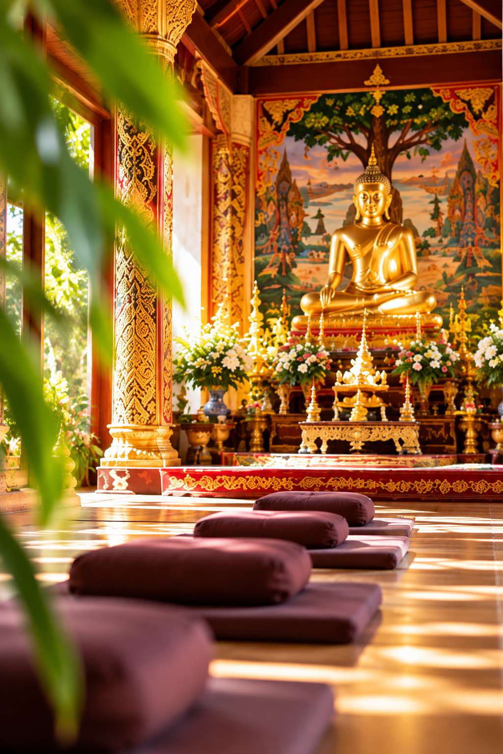 Salle de méditation bouddhiste avec statue de Bouddha et coussins