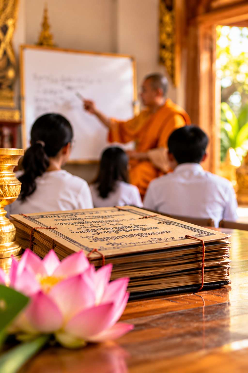 Enseignement bouddhiste avec un moine et des élèves